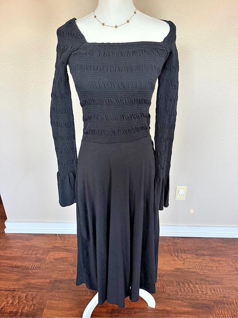 Free People Kiera Midi Dress Black Smocked XS